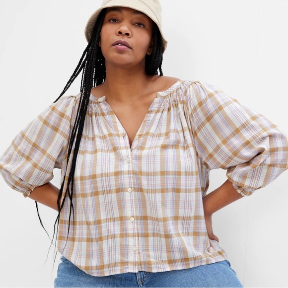 GAP Factory Tops - NWT GAP FACTORY OUTLET SPLIT NECK TOP PLAID BROWN BLUE PINK PURPLE CREAM XXL